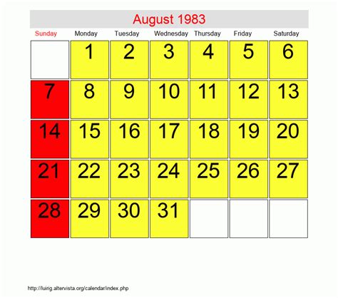 Calendar Of August 1983